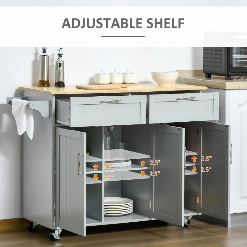 HOMCOM Rolling Kitchen Island, Kitchen Cart on Wheels with 2 Storage Drawers, 3 Door Cabinets and Towel Rack for Dining Room (Grey, 3-Doors)