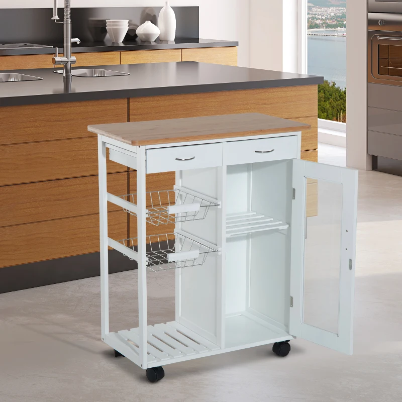HOMCOM 34" Rolling Wood Kitchen Trolley Serving Cart with Drawer and Cabinet Wheeled Kitchen Storage Island White with Bamboo Top