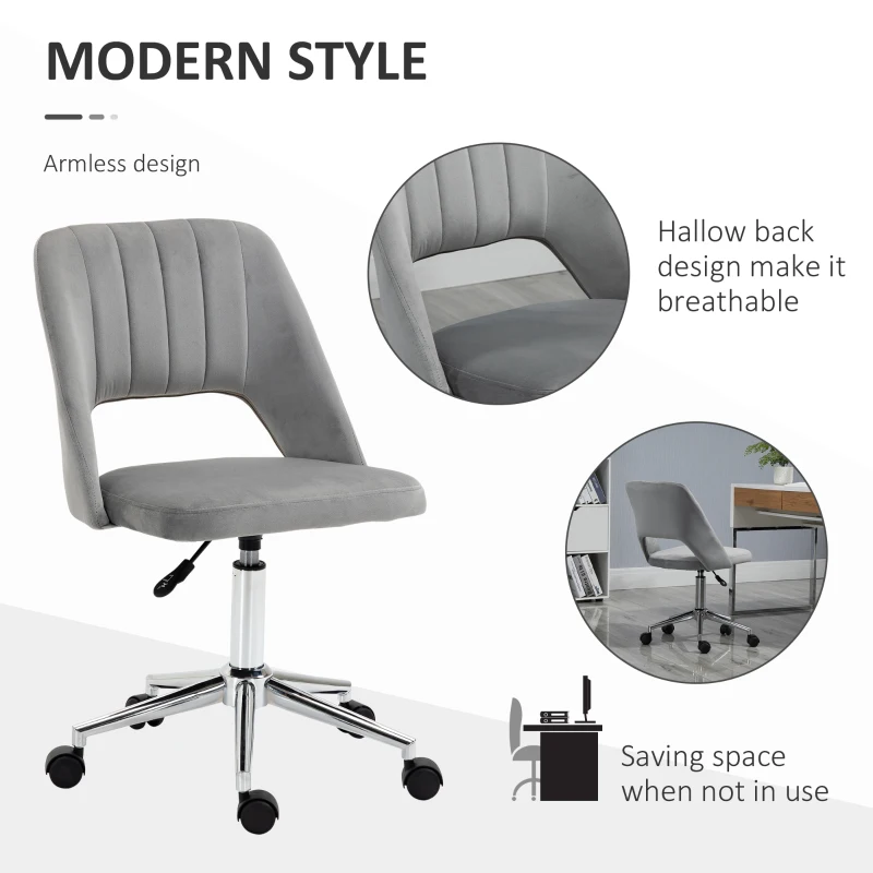 Vinsetto Mid Back Office Chair Velvet Fabric Swivel Scallop Shape Computer Desk Chair, Grey