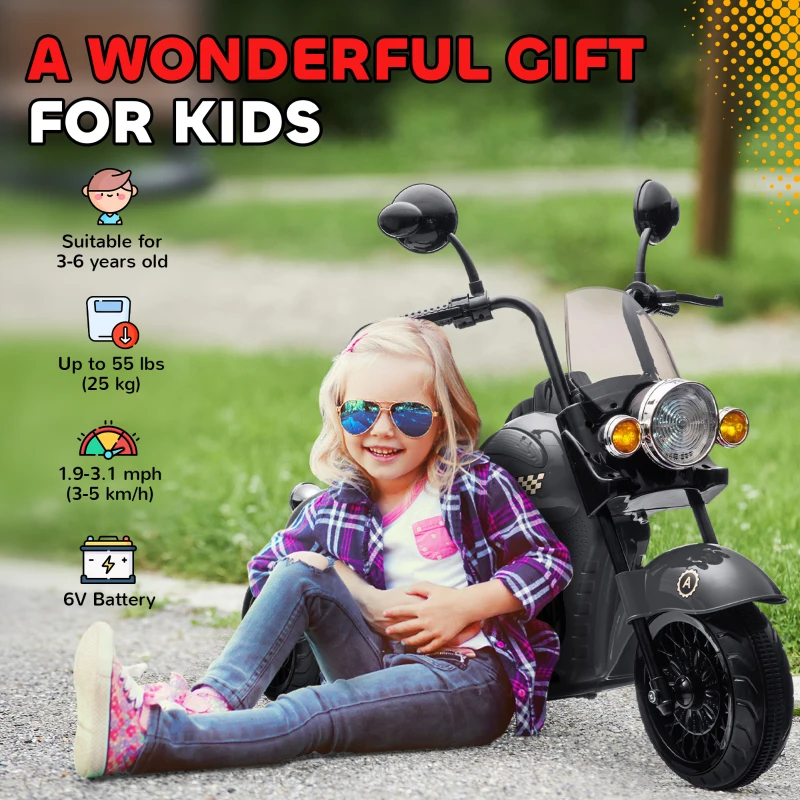 Qaba 6V 3 Wheel Electric Motorcycle for Kids, Battery Powered Motorbike w/ Headlights, Music, Forward & Reverse, Gray
