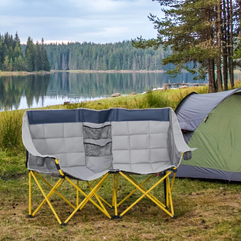 Outsunny Loveseat Style Camping Chair, Oversized Folding Lawn Chair with Carry Bag & Cup Holders, for Outdoor, Beach, Picnic, Hiking, Travel, Navy Blue & Gray