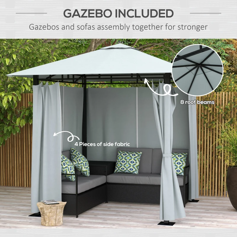 Outsunny Patio Furniture Set with Gazebo, Outdoor PE Rattan Wicker Conversation Sofa with Storage Corner Table, Cushion, for Backyard, Porch, Poolside, Balcony, Grey