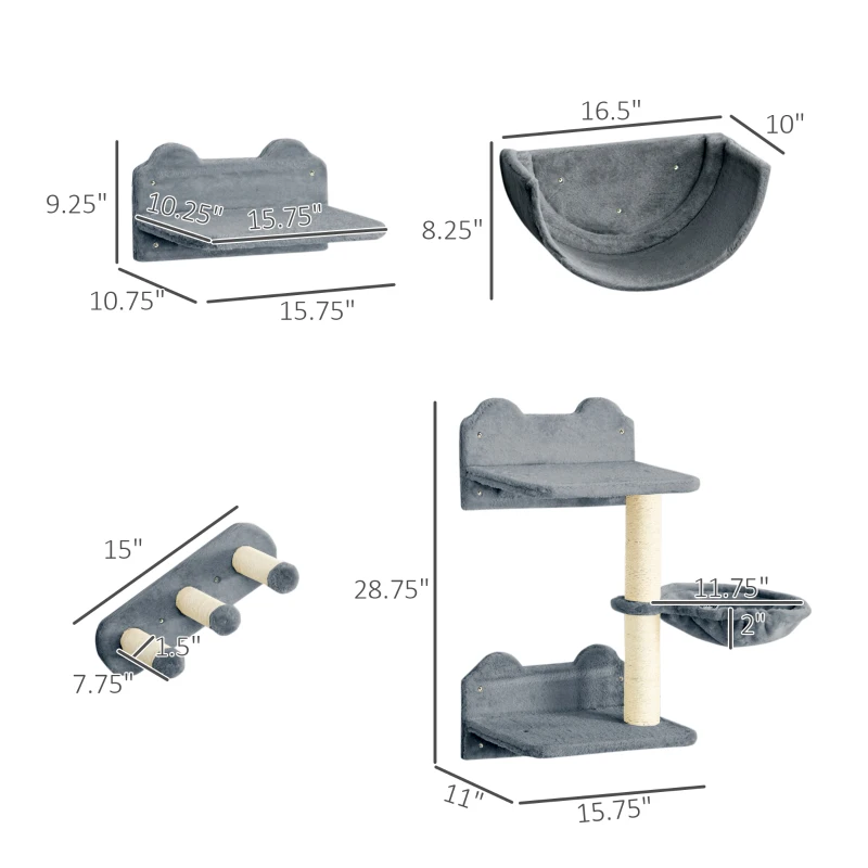 PawHut Cat Wall Shelves, with Hammock, Scratching Post, Steps, Platforms, Gray