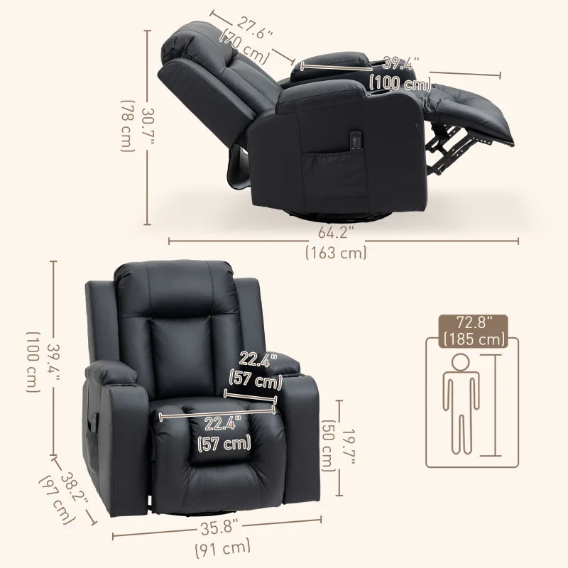 HOMCOM Swivel Massage Recliner Chair Rocker, Overstuffed Manual Reclining Sofa, PU Leather Rocking Chair with Side Pockets, Cup Holders, for Living Room, Nursery, Black