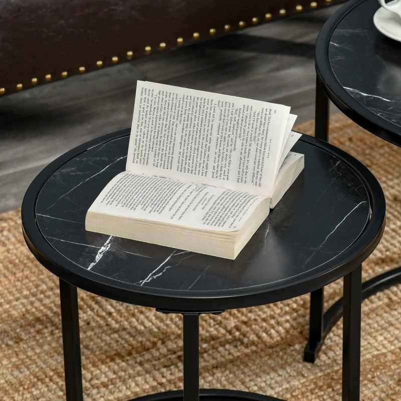 HOMCOM Round Nesting Coffee Table Set of 2, Stacking Modern Accent Tables with Faux Marble Tabletop and Metal Frame for Living Room, Black