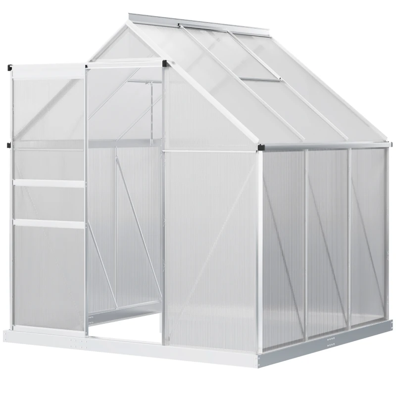 Outsunny 6' x 6' x 6.5' Polycarbonate Greenhouse with Aluminum Frame, Walk-in Heavy Duty Green House with Adjustable Roof Vent, Rain Gutter and Sliding Door for Winter, Silver