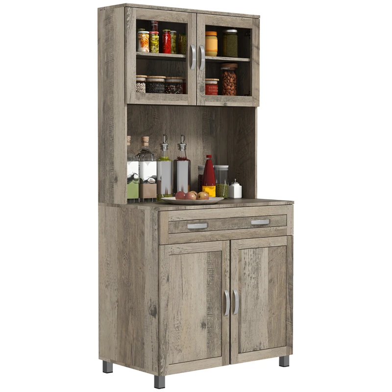 HOMCOM 67" Buffet with Hutch, Modern Kitchen Pantry, Freestanding Cabinet with Glass Doors, Shelves and Drawers, Gray