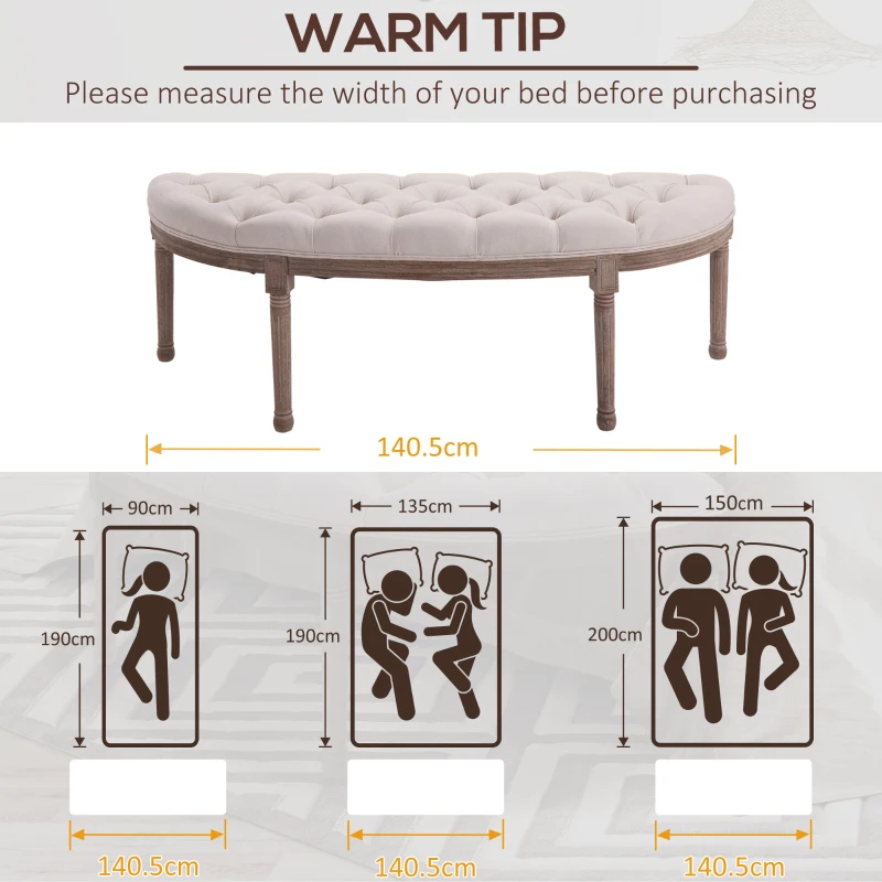 HOMCOM Semi-Circle End of Bed Bench with Tufted Design, Upholstered Bedroom Entryway Bench with Rubberwood Legs, Off White