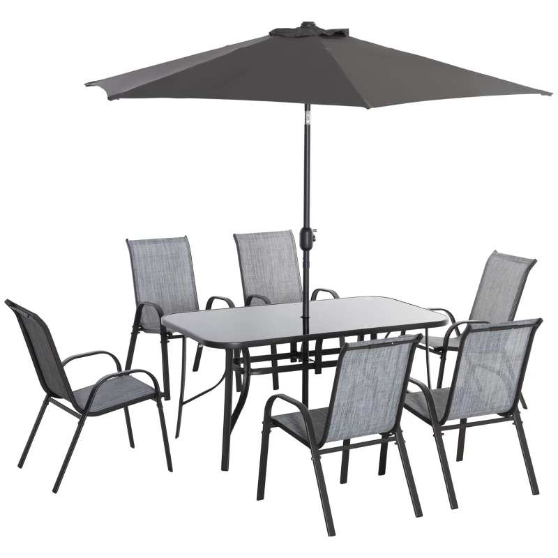 Outsunny 8 Pieces Patio Dining Set with Umbrella, 6 Chairs and Table, Grey