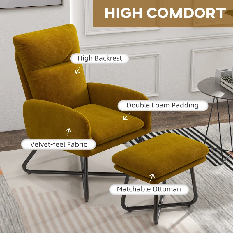 HOMCOM Modern Accent Chair with Ottoman, Upholstered Armchair with Footrest, Cross Metal Legs and Padded Cushion for Living Room, Bedroom, Yellow