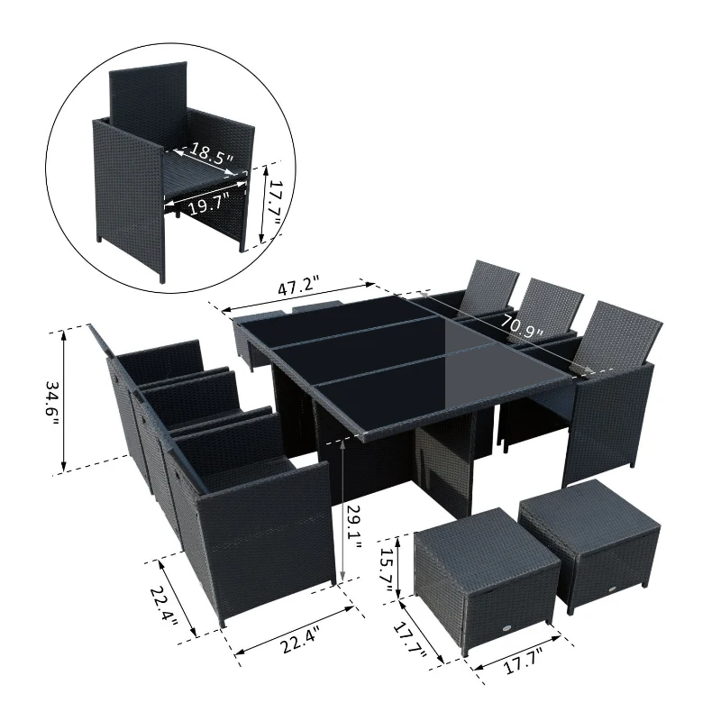 Outsunny 11 Pieces Wicker Patio Dining Set Outdoor Furniture Set with Removable Cushions, Glass Top Dining Table, PE Rattan Conversation Set for Garden Poolside Backyard, Black
