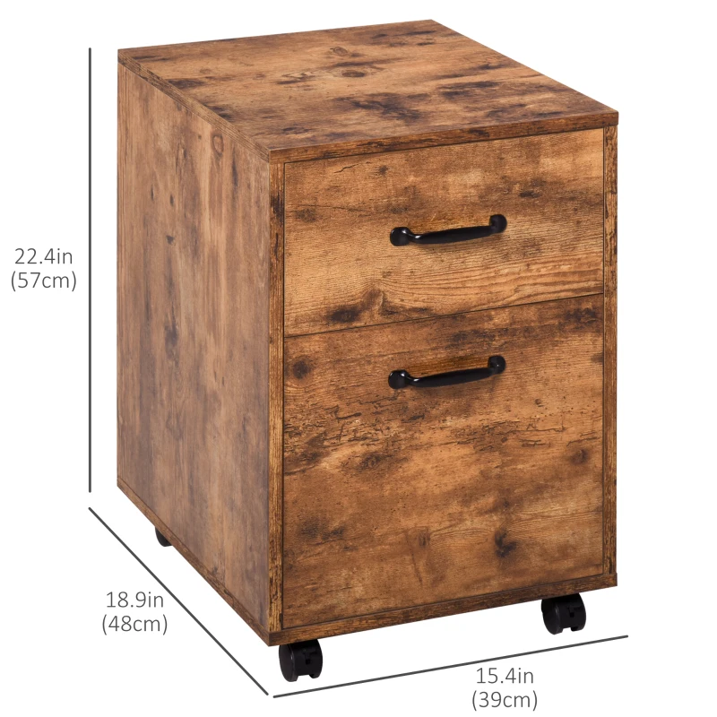 HOMCOM Vertical Filing Cabinet 2 Drawer, Mobile File Cabinet with Wheels for Letter Size, Home Office Organizer, Rustic Brown