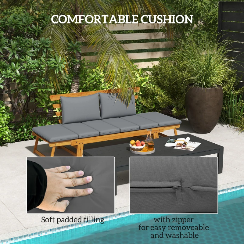Outsunny Wooden Garden Bench for Outdoor, Front Porch Bench, Patio Loveseat with Cushions, Adjustable Armrests, Gray