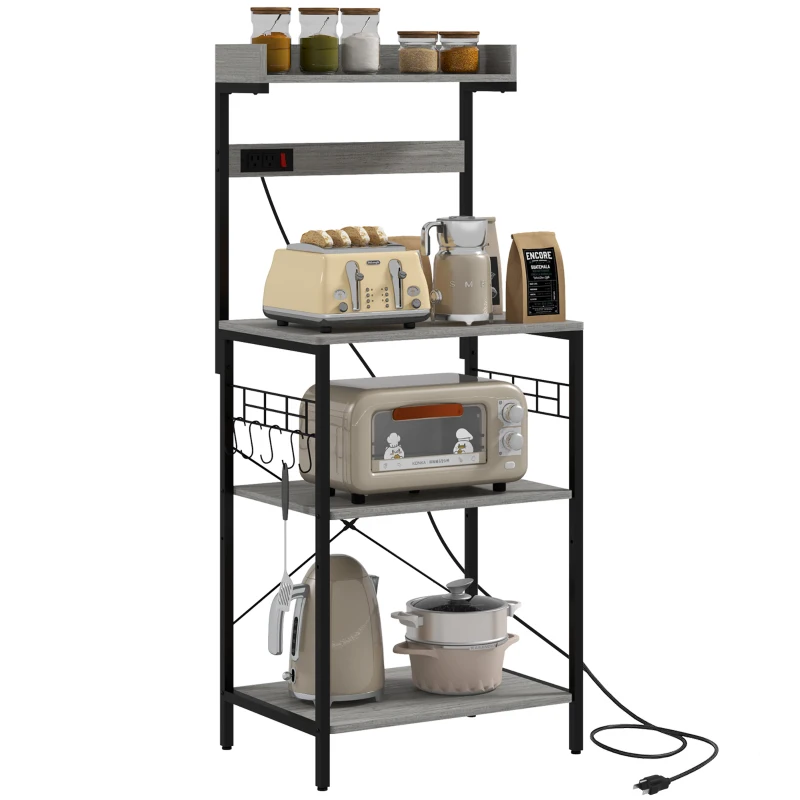 HOMCOM Kitchen Baker's Rack with Power Outlet, Coffee Bar Station with Adjustable Shelves and Hooks, Distressed Grey