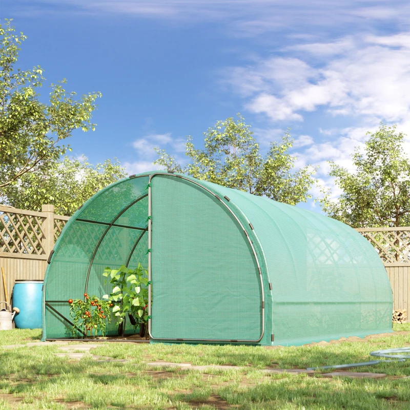 Outsunny 20' x 10' x 7' Tunnel Greenhouse Outdoor Walk-In Hot House with 2 Hinged Doors, Reinforced Steel Frame, PE Cover, Green