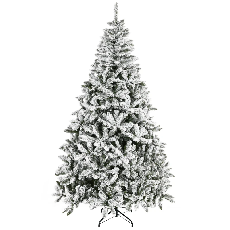 HOMCOM 7.5' Tall Unlit Snow Flocked Pine Artificial Christmas Tree with Realistic Branches, Green