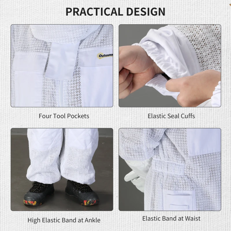 Outsunny Bee Suit for Men & Women, Beekeeping Jacket with Gloves & Ventilated Veil Hood, Multi-Size Protective Outfit, XXXL, Cream White
