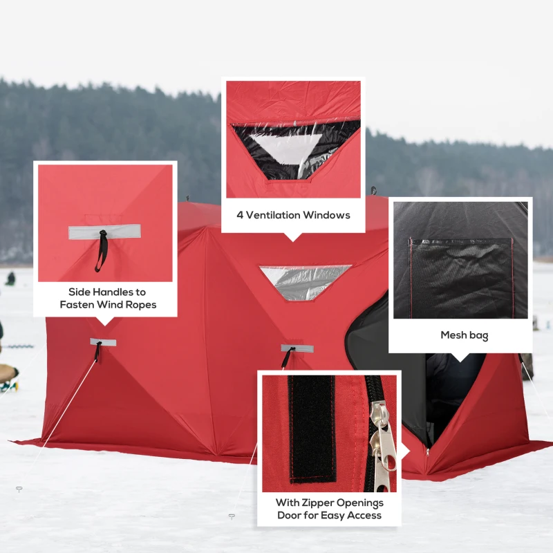 Outsunny 5-8 People Ice Fishing Shelter, Pop-Up Portable Ice Fishing Tent with Carry Bag, Two Doors, Windows and Vents, Ice Shanty for Winter Fishing, Red