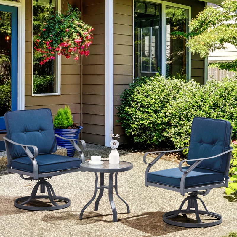 Outsunny 3 Piece Outdoor Patio Bistro Set with 2 360-Degree Swivel Rocking Chairs, Cushions, and 1 Tempered Glass Table for Lawn, Porch, Garden, Blue