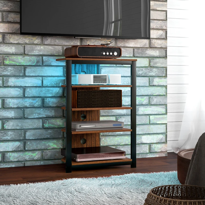 HOMCOM LED TV Stand, Entertainment Center with Storage Shelves and Steel Frame for Living Room, Brown