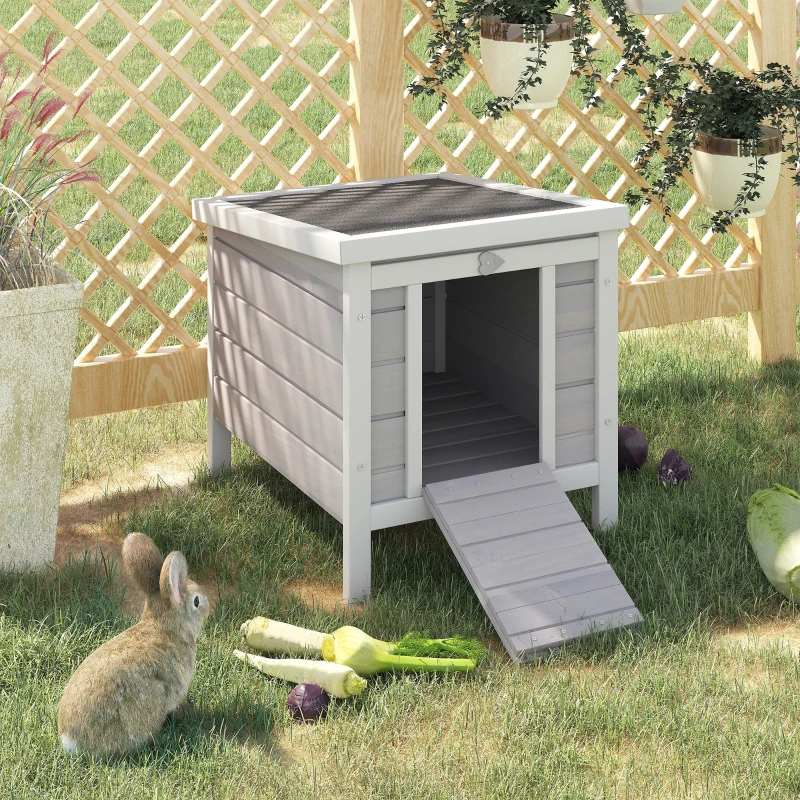 PawHut Small Wooden Rabbit Hutch Bunny Cage Guinea Pig Cage Duck House Dog House with Openable & Waterproof Roof, for Rabbits, Chickens, Ducks, Gray