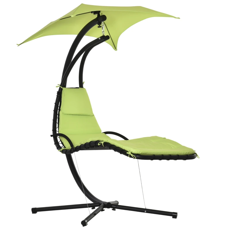 Outsunny Outdoor Hammock Chair with Stand, Floating Chaise Lounge Chair with Soft Padded Cushion, Hanging Hammock Swing Reclining Seat with Canopy Umbrella, Green