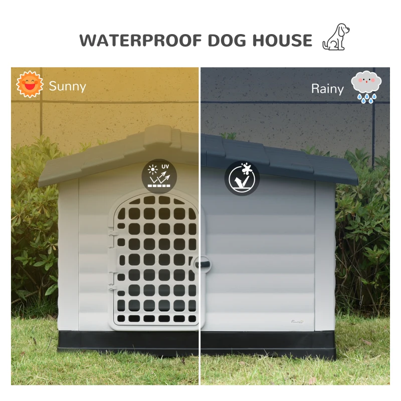 PawHut Plastic Dog House Puppy Kennel Pet Shelter with Raised Base Window Door for Large Medium Dogs Indoor & Outdoor 44"L x 33"W x 31.5"H Grey, White