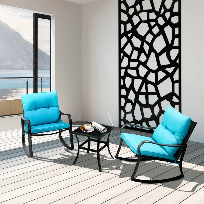 Outsunny 3 Pieces Patio Wicker Rocking Chairs Table Set, Outdoor PE Rattan Furniture with 2 Rockers & 1 Coffee Table w/ Padded Cushions for Deck, Backyard, Garden, Blue