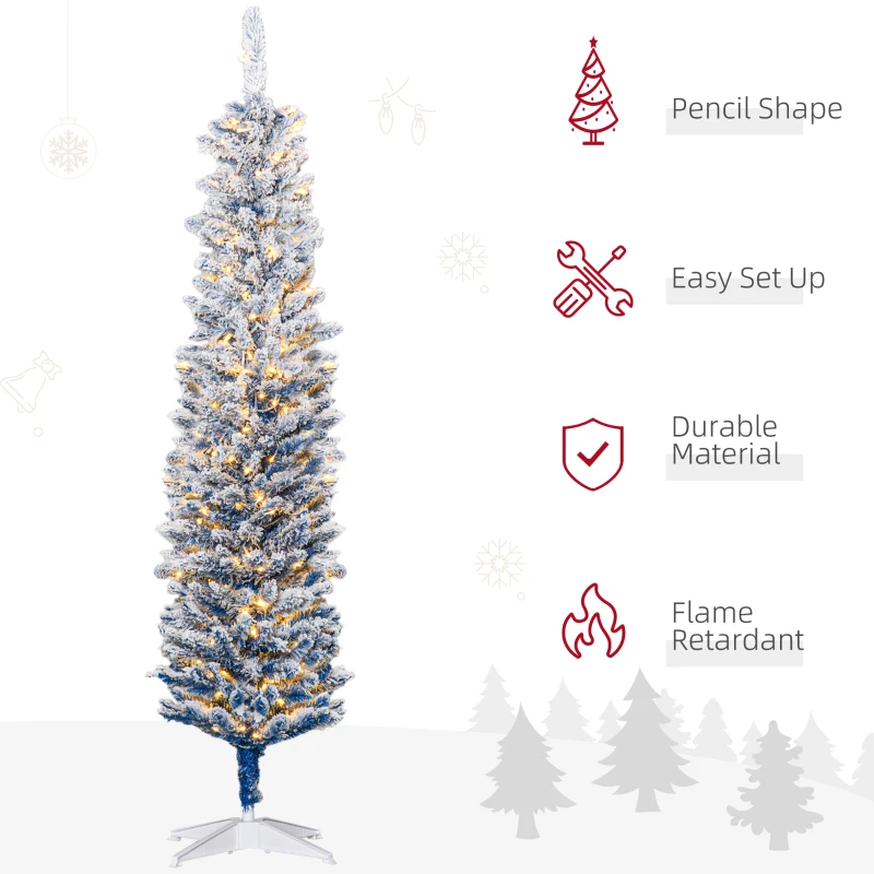 HOMCOM 6' Flocked Christmas Trees, Pencil Prelit Artificial Christmas Tree with Snow Branches, Blue