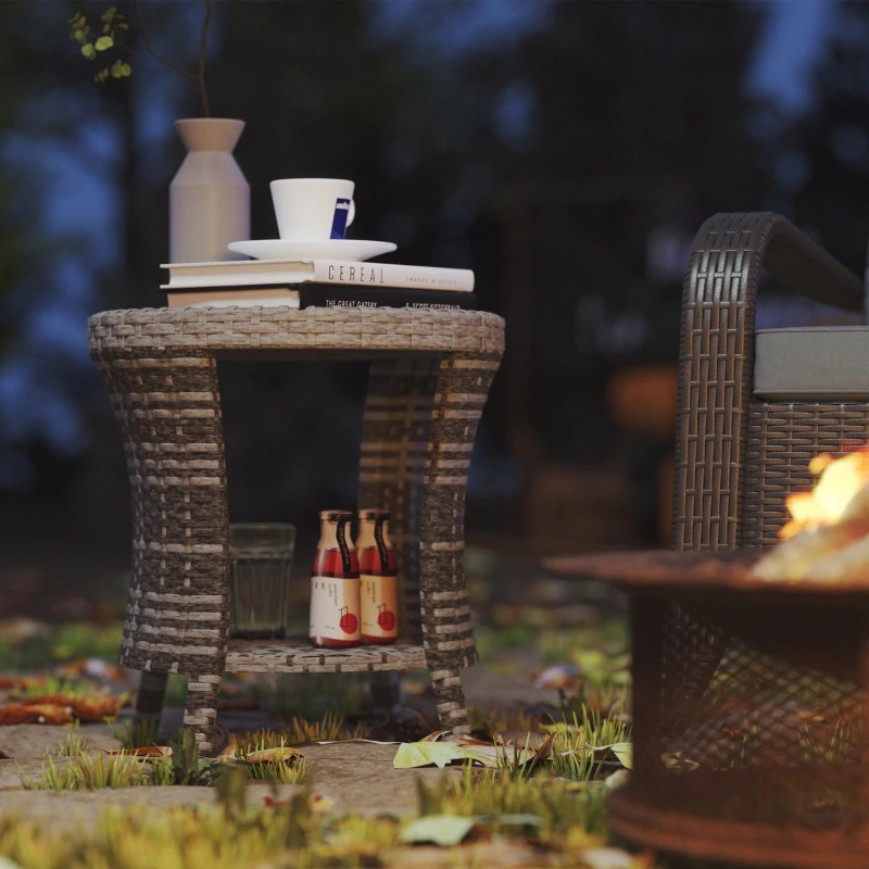 Outsunny 18" Wicker Outdoor Coffee Table, PE Rattan Patio Side Table with 2-Tier Storage, Composite Wood Top, Mixed Gray