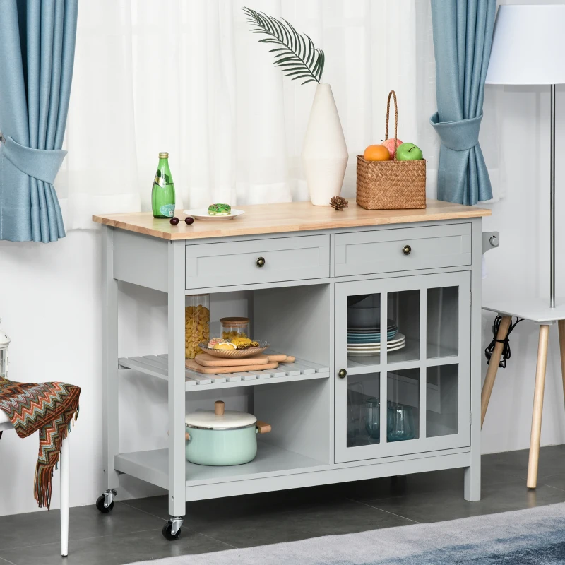 HOMCOM Rolling Kitchen Island with Storage, Kitchen Cart with Solid Wood Top, Glass Door Cabinet, Adjustable Shelf, Towel Rack, 2 Drawers for Dining Room, Gray