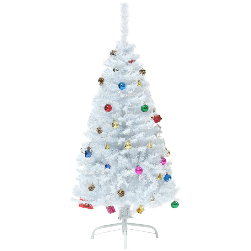 HOMCOM 4ft Decorated Christmas Tree, Artificial Christmas Tree with Ornaments for Holidays, Party, White