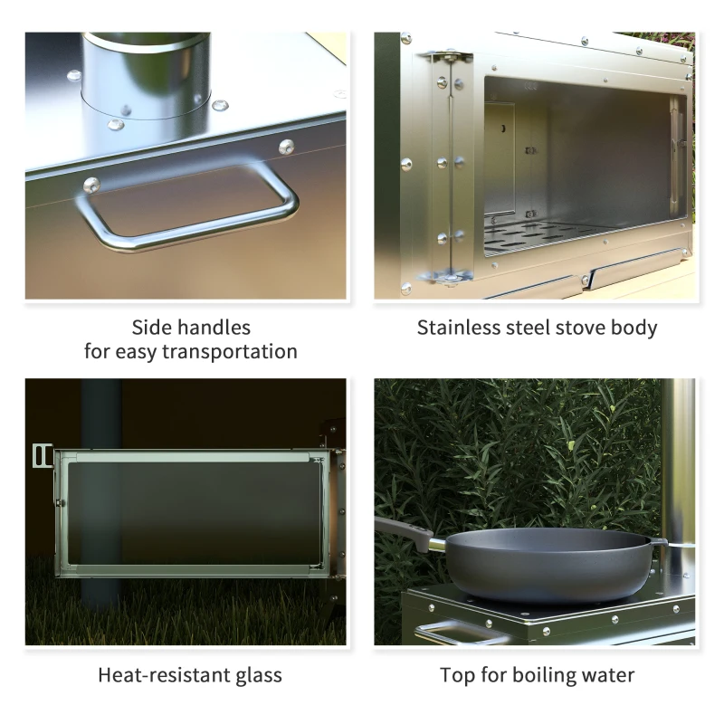 Outsunny Stainless Steel Wood Stove with Chimney and Carry Bag, Portable & Foldable, for Hot Tent, Camping, Cooking, Heating