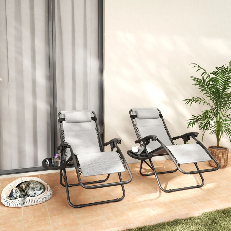 Outsunny Zero Gravity Lounge Chair Set, 2 Pieces Reclining Folding Outdoor Lounge Chairs with Headrest Side Tray, Light Gray