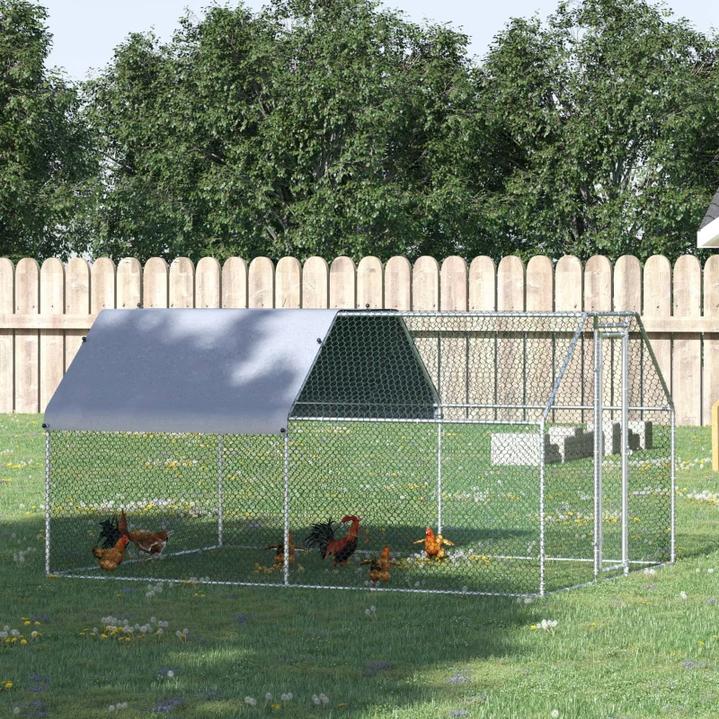 PawHut Large Chicken Coop Metal Chicken Run for Chickens with Waterproof and Anti-UV Cover, Flat Shaped Walk in Fence Cage Hen House for Outdoor and Yard Farm Use, 1.26" Dia, 9' x 12' x 6.5'