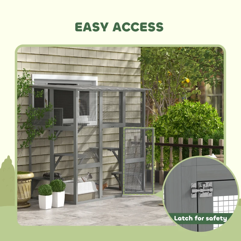 PawHut Catio Outdoor Cat Enclosure, Window Box Wooden Cat House with Bridge Platforms, Gray