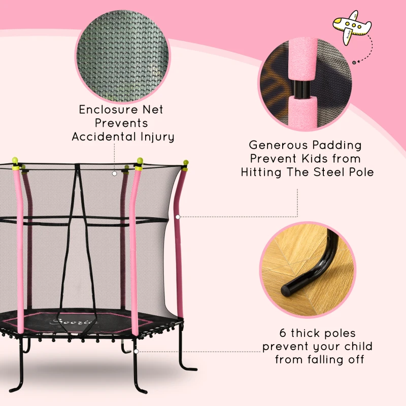 Soozier 63" Kids Trampoline Mini Indoor Bouncer Jumper with Enclosure Net Elastic Thick Padded Pole Gift for Child Toddler Age 3-10 Years Old Pink