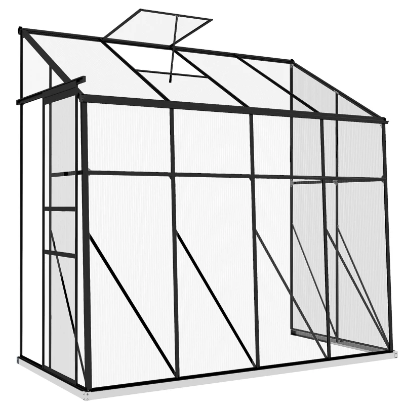 Outsunny 8' x 4' Walk-in Polycarbonate Greenhouse, Lean-to Aluminum Green House with Rain Gutter and Foundation, Black