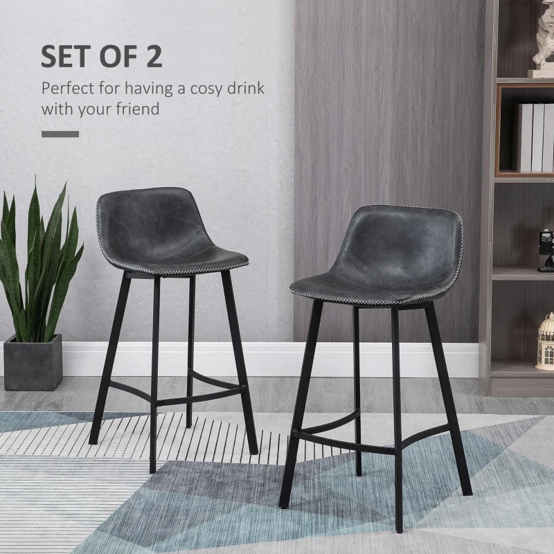 HOMCOM 27.25" Counter Height Bar Stools, Industrial Kitchen Stools, Upholstered Armless Bar Chairs with Back, Steel Legs, Set of 2, Black