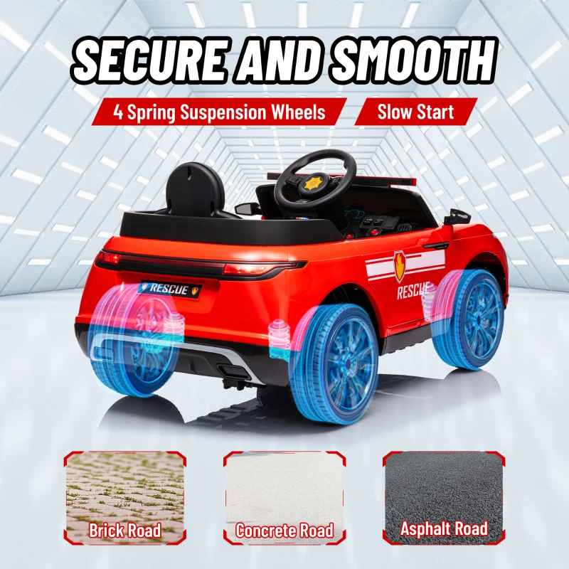 Qaba 12V Kids Electric Fire Truck w/ Remote Control, Spring Suspension, Transport Wheel, Siren, Music, Light, Horn, Red