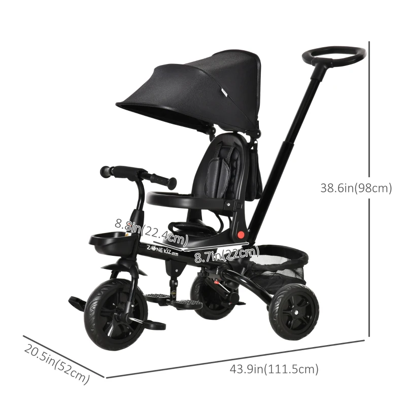 Qaba Tricycle for Toddler 4 in 1 Kids Trike with Reversible Adjustable Seat, Baby Push Bike with Removable Handle, Canopy, Belt Storage Brake Clutch for 1-5 Years, Black