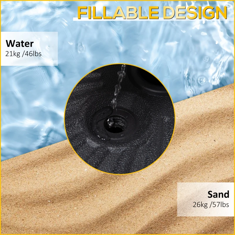 Outsunny Fillable Patio Umbrella Base Stand, Round Plastic Umbrella Holder for Outdoor, Patio, Garden, Deck and Beach, 46lb Capacity Water or 57lb Capacity Sand, Fit Dia 38mm Pole, Black