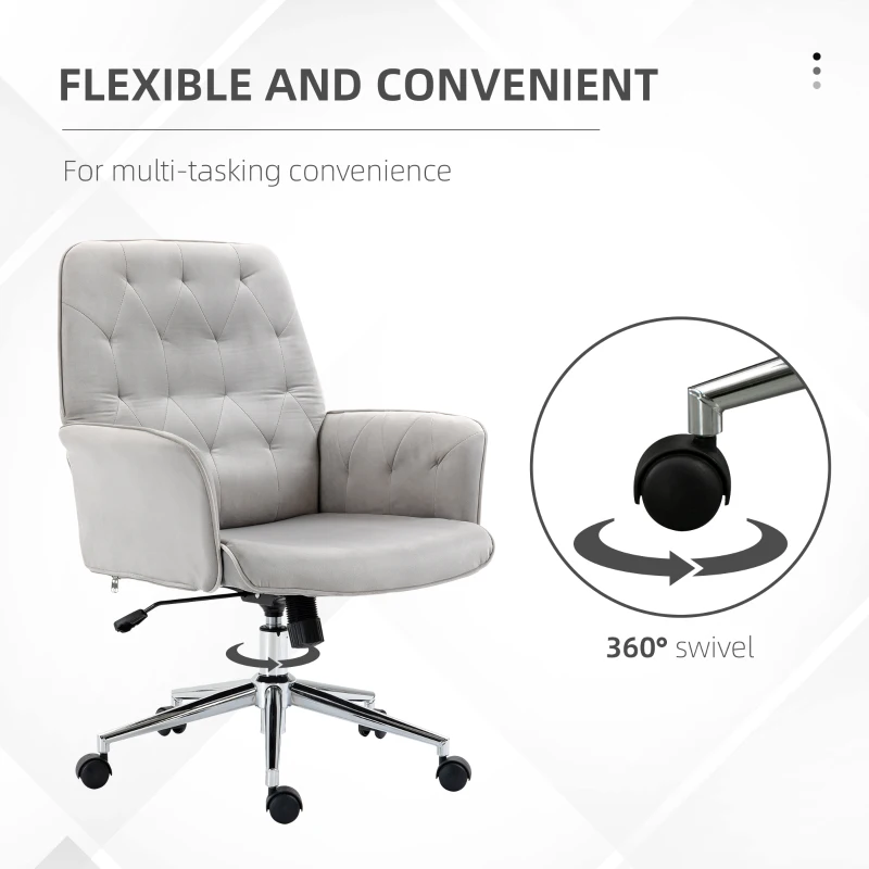 Vinsetto Velvet Home Office Chair, Tufted Height Adjustable Computer Desk Chair with Swivel Wheels and Padded Armrests, Light Gray