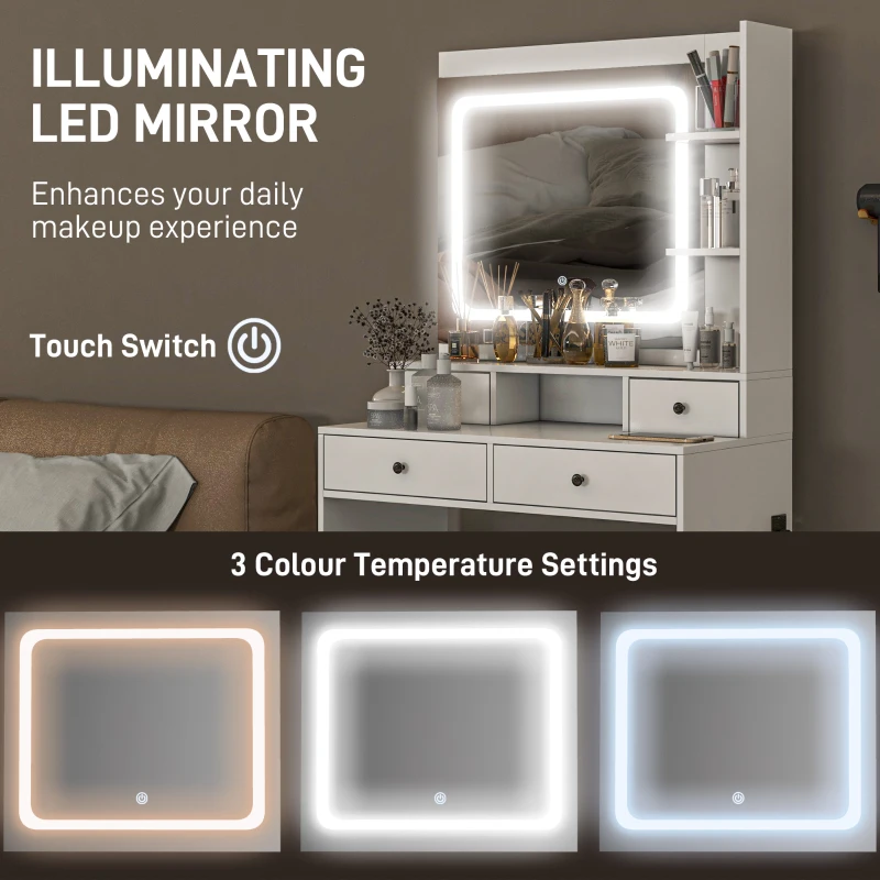HOMCOM Dressing Table with Lighted Mirror, Vanity Table with Charging Station, USB Ports, Drawers, Storage Shelves, White