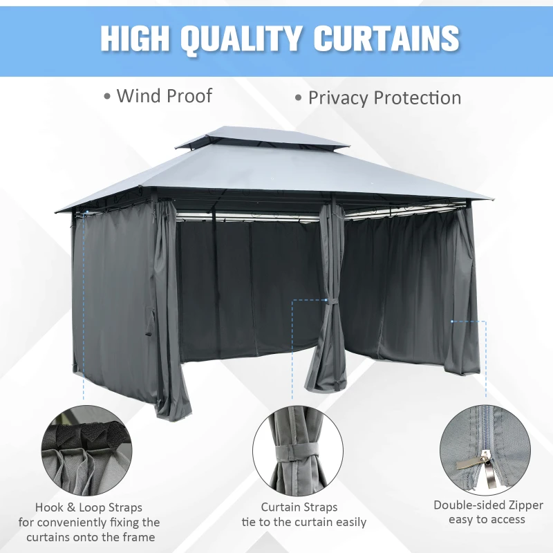 Outsunny 10' x 13' Outdoor Soft Top Gazebo Pergola with Curtains, 2-Tier Steel Frame Gazebo for Patio, Sage Gray