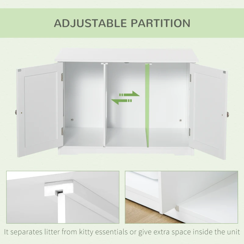 PawHut Modern Cat Litter Box Enclosure with Adjustable Partition for Customizable Space, Cat Washroom End Table for Indoor Cats with Hidden Storage Cabinet Space, White