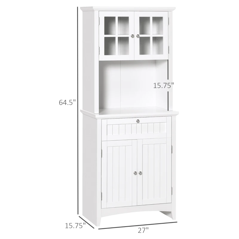 HOMCOM Kitchen Buffet Hutch Wooden Storage Cupboard with Framed Glass Door, Drawer and Microwave Space, White