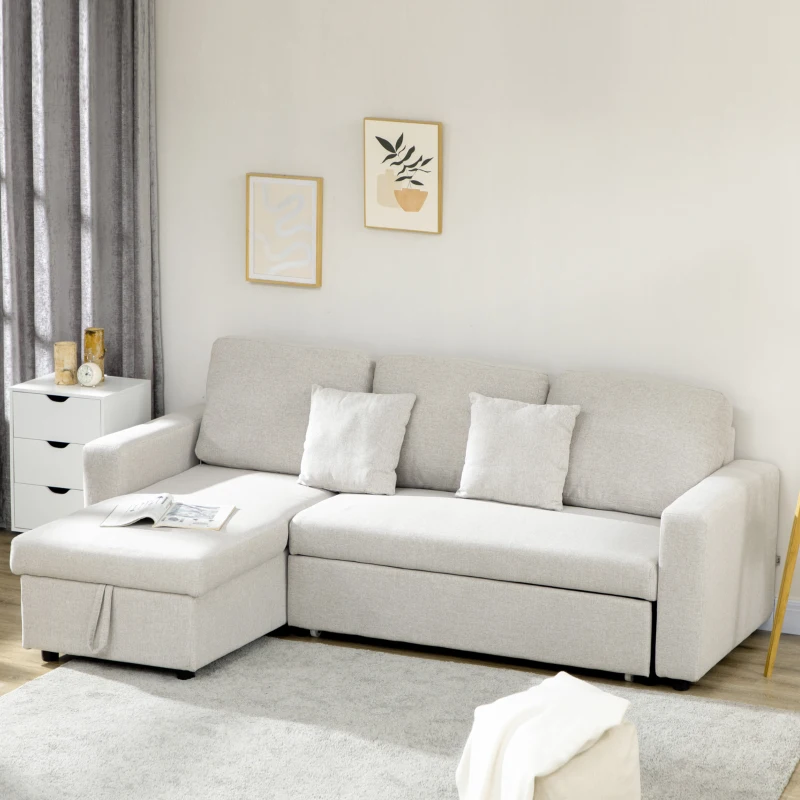 HOMCOM Sectional Sofa Bed, L-Shaped Loveseat Reversible Sleeper Sofa with Pull Out Couch Bed, Storage Chaise, Cushions, Linen Feel Fabric Futon Sofa Bed for Living Room, Cream White 89.75"