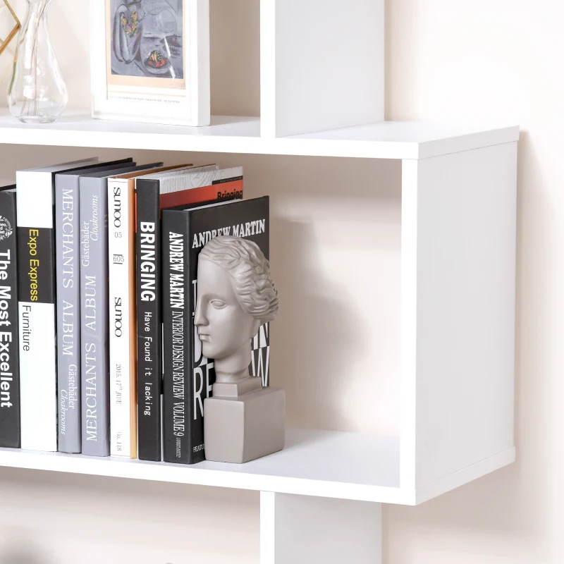 HOMCOM 76" 6-Tier Geometric Wooden Bookcase S Shaped Storage Display Bookshelf Modern shelf Open Concept Living Room Home Office Furniture, White