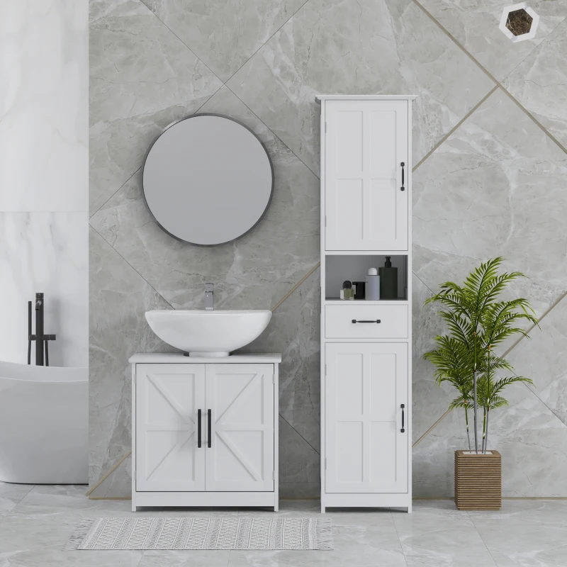 HOMCOM Farmhouse Pedestal Sink Storage Cabinet, Bathroom Sink Cabinet with 2 Barn Doors and Adjustable Shelf, White